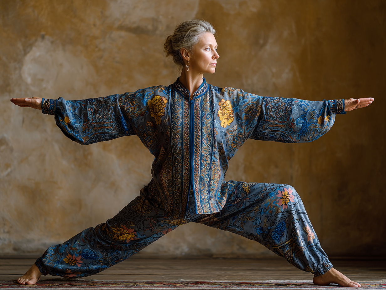 Instructoare de yoga ghidând un grup de persoane mature într-o clasă de yoga